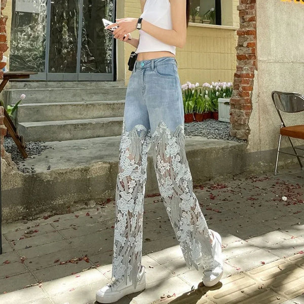 Splicing Straight Leg Women's Jeans - Summer Trousers with Distressed and Patchwork Design for Casual Wide Leg Outfit Inspiration